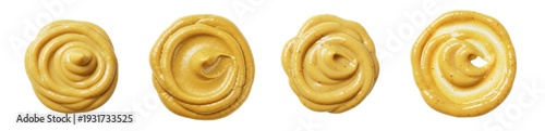Fotografía Yellow mustard sauce swirls set, isolated spicy dijon cream splashes, honey mustard dollops, condiment blobs, organic dressing drops, gourmet dip smears, food PNG cutout