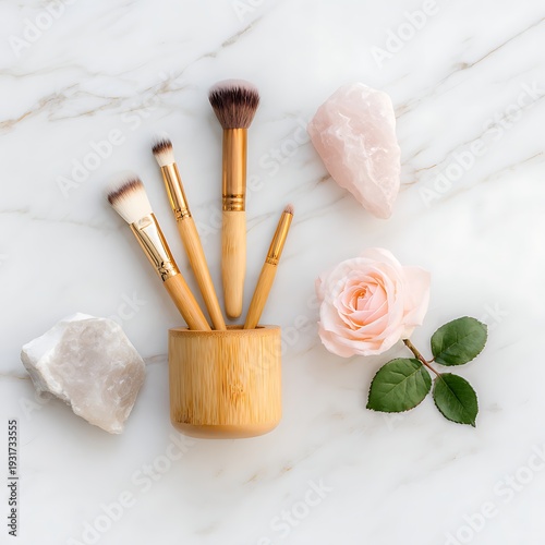 Elegant Display of Natural Makeup Brushes with Rose and Crystals on Marble Background
