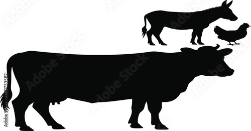 Farm animal silhouettes cow calf and chicken isolated on white background black livestock vector illustration collection set