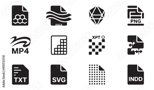 Document file type icons including docx, mp4, png, svg, txt, indd, and various abstract forms
