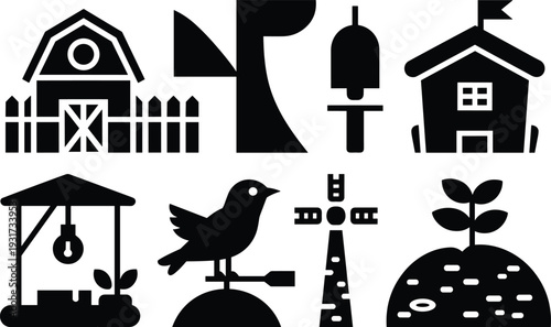 Farm icon set with barn windmill well weather vane house and plant black silhouette vector illustration collection isolated