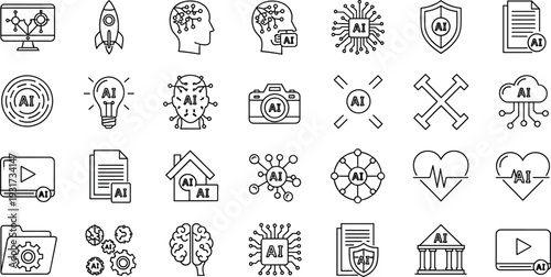 Artificial Intelligence Line Icons Set with AI Brain, Neural Network, Machine Learning, Automation, Data Security and Technology Innovation Vector Collection
