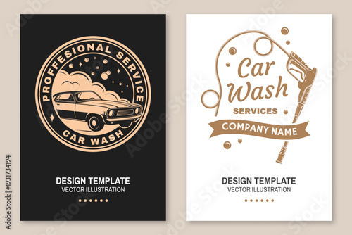 Professional car wash poster, banner and flyer template set. Vector auto cleaning and car service advertising design with washing equipment and vehicle care elements