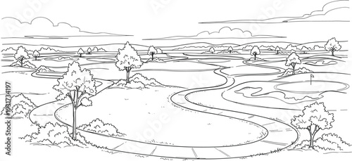 Detailed Vector Sketch of Manicured Fairways Winding Paths and Putting Green for Luxury Sports and Resort Branding