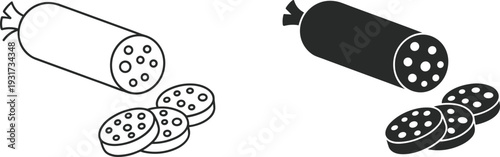 Sausage salami slices outline and solid icon set meat food vector illustration isolated on white background