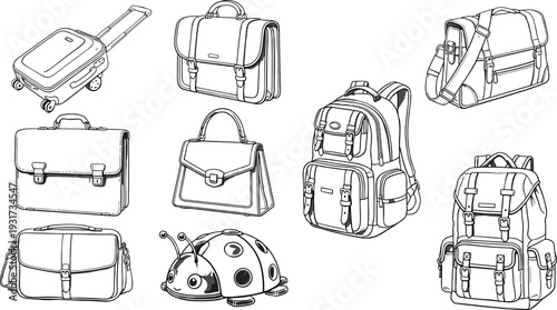 Detailed Vector Sketches of Backpacks Briefcases Suitcase and Handbags for School Travel and Professional Retail Branding