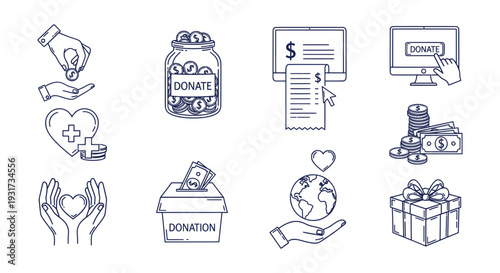 Charity Donation Financial Giving Money Support Philanthropy Volunteer Fundraising Line Art Icons Set