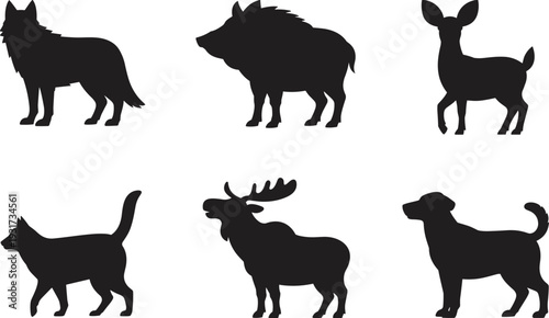 Wild and domestic animal silhouettes wolf boar deer moose dog vector illustration set isolated on white background
