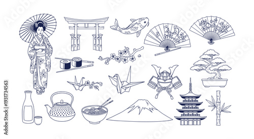 Detailed Japanese Culture Icons Set Geisha Mount Fuji Sushi Origami Vector Art