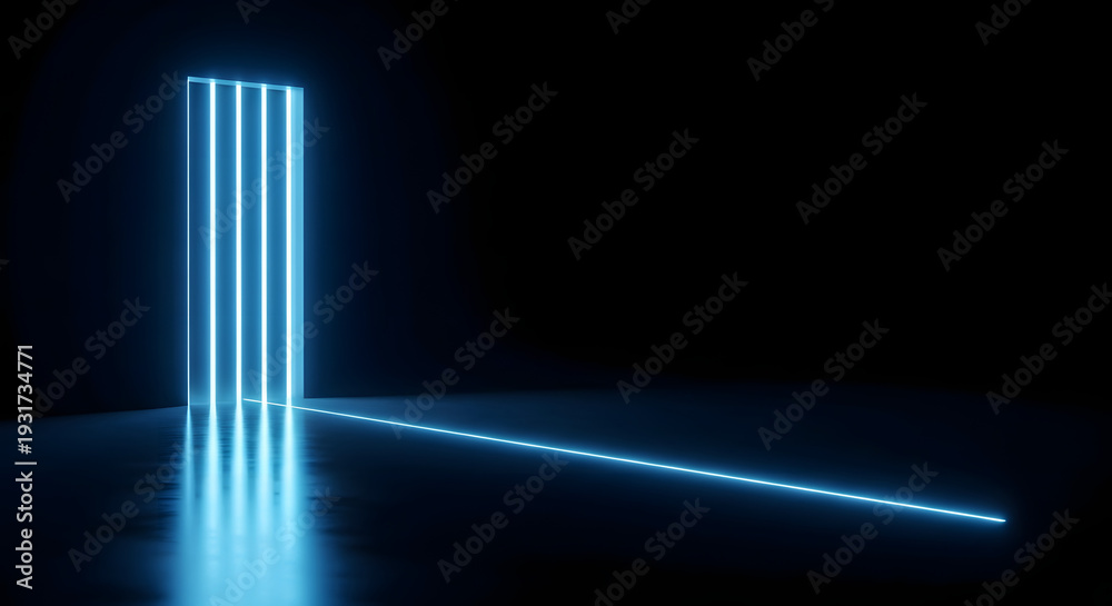 Fototapeta premium Glowing blue neon lights forming a futuristic corner frame in a dark room