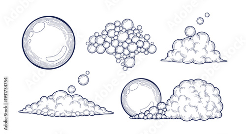 Detailed Hand Drawn Engraved Soap Bubbles and Realistic Foam Suds Vector Collection