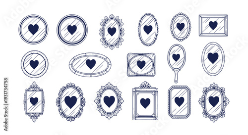 Decorative Hand-Drawn Mirrors with Loving Heart Reflections Doodle Vector Set
