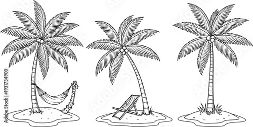 Detailed Vector Sketches of Beach Hammock Deck Chair and Palm Trees for Luxury Travel and Summer Vacation Branding