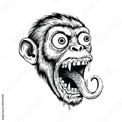 Crazy Monkey Head Screaming With Long Tongue Horror Illustration
Wild Monkey Face With Sharp Teeth Creepy Line Art
Terrifying Primate Monster Head Vintage Horror Drawing