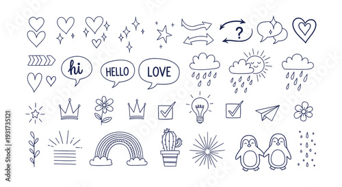 Delightful Hand Drawn Doodle Vector Icons Set Whimsical Hearts Stars Nature Elements Collection