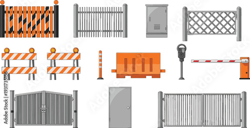 Vector illustration of traffic barriers, gates, fences, boom gate, parking meter, utility box, security control devices, urban safety infrastructure design