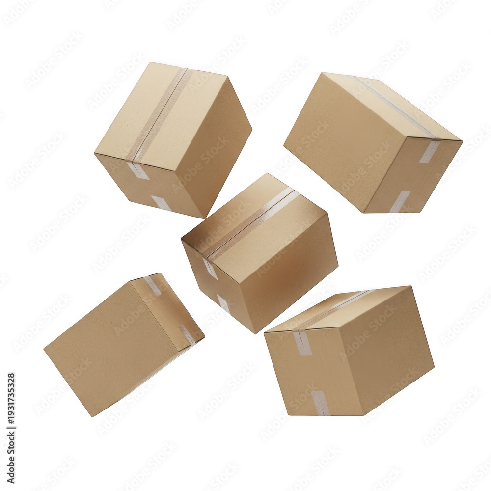 Obraz premium Five brown cardboard boxes with labels and tape, isolated on transparent background