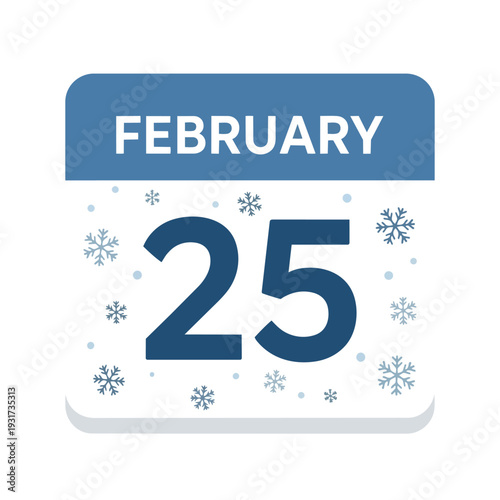 A crisp winter calendar icon displaying the twenty-fifth day of February, adorned with delicate frosty snowflakes symbolizing the heart of the cold