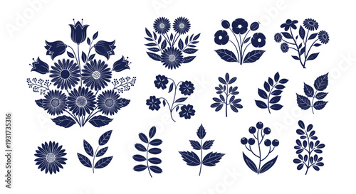 Elegant Vector Floral Botanical Silhouettes Collection Decorative Nature Plant Leaves Berries Art Set