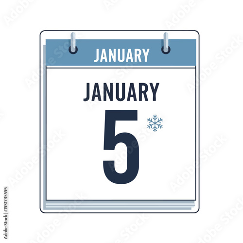 A clear visual representation of January the fifth on a crisp calendar sheet, marked with a distinctive blue snowflake icon, indicating a winter