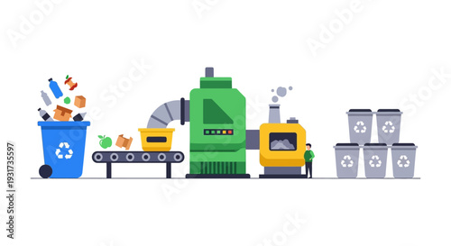 Sustainable Waste Recycling Plant Process: Eco-Friendly Industrial Facility for Environmental Management, Sorting Trash to Produce Reusable Bins