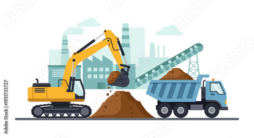 Excavator Loading Dump Truck at Construction or Mining Site. Earthmoving Equipment, Industrial Background Vector.
