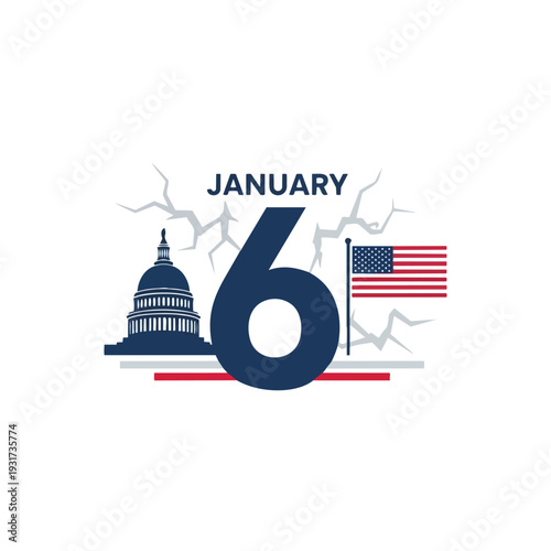 January sixth commemoration with US Capitol and flag, symbolic cracks signifying a critical moment for the nation