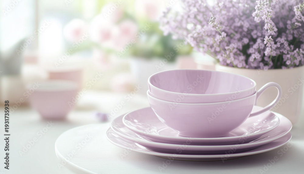 Fototapeta premium Soft Pastel Lavender Dinnerware Set on Light Table with Blurred Pastel Background, Elegant Tableware Advertising