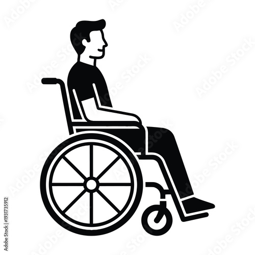 Person in wheelchair seated side view silhouette minimalist design isolated on white background mobility concept