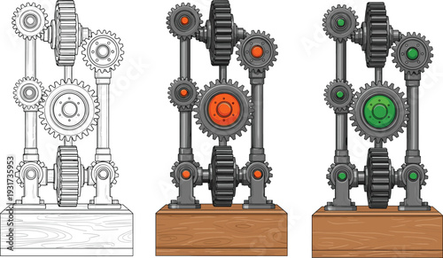 Mechanical gear assembly illustration with line art and colored versions, showcasing engineering design, rotation concept, machinery interaction, industrial technology, 