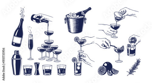 Vintage Cocktail Bar Engraving Set Bartending Mixology Hand-Drawn Drink Preparation Vector Illustration Kit