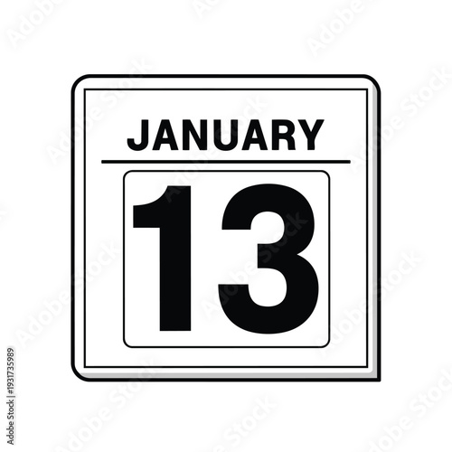 Precise black and white graphic representation of a calendar page marking the date January thirteenth ideal for reminders events and significant