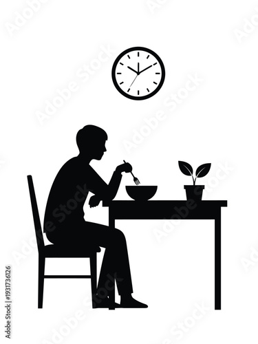 Silhouette of Person Eating Meal at Table with Clock