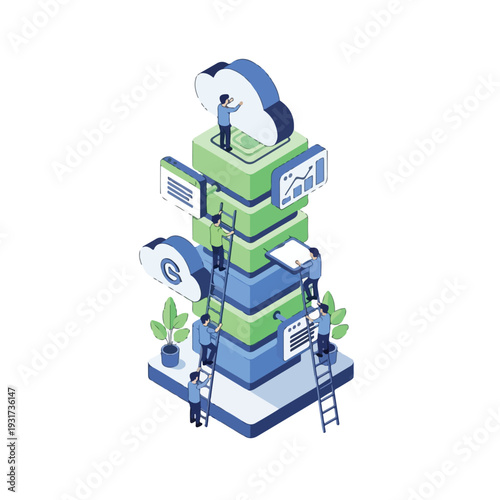 Isometric illustration of a team of people managing and optimizing data on a cloud server infrastructure, representing modern cloud computing, data storage, and IT services.