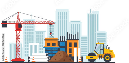Urban Construction Site with Tower Crane, Bulldozer and High Rise Buildings, City Development Vector Illustration