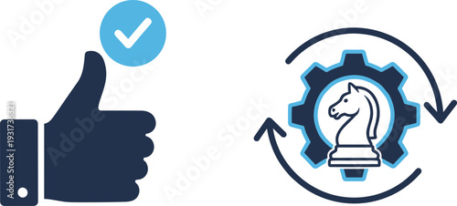 Business Strategy and Approval Concept Vector Illustration with Thumbs Up Check Mark and Chess Knight Gear Process Optimization Icon Set
