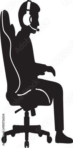 Vector Silhouette of Esports Gamer in Chair with Headset on White