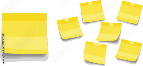 Yellow Sticky Notes Set with Curled Corners and Realistic Shadows, Blank Adhesive Memo Pad Collection Isolated for Office Design