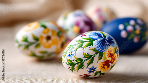 Hand-painted Easter eggs with floral patterns on a wooden table, vibrant and detailed, perfect for spring holidays and festive decorations.
