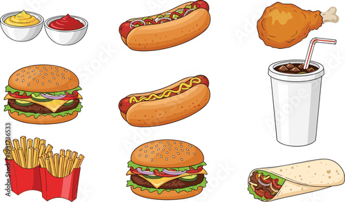Fast food and snacks collection with burger sandwich hot dog and chicken in cartoon style