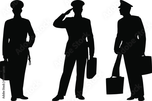 Black silhouette vector illustration of uniformed military personnel with briefcases, one saluting, representing discipline, professionalism, authority, and official service