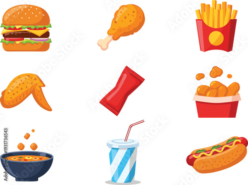 Fast food and chicken meal set with burger fries wings and hot dog in flat style