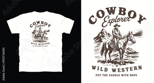 Vintage cowboy explorer wild western t-shirt design with horse rider and mountain landscape