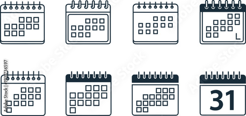 Calendar Icon Set with Monthly Planner Date Schedule and 31 Day Reminder Symbols Thin Line Vector Collection