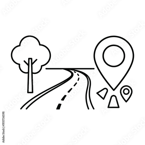 Minimalist roadmap illustration guides travelers through scenic route with winding path lush tree and iconic location pinpoint for adventure planning and travel inspiration