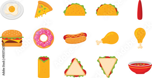 Fast food and snacks set with burger pizza donut taco and fried chicken in flat style