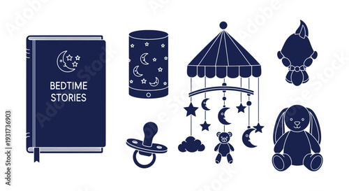 Sweet Newborn Baby Bedtime Story Nursery Decor Vector Set Mobile Pacifier Toy