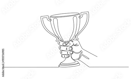 Continuous one line drawing of hand holds trophy cup competition. Victory, and achievement from the contest. The theme is victory and awards.