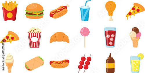Fast food and snacks set with burger pizza french fries and ice cream in flat style