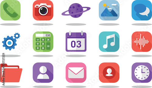 Mobile app UI interface icon set with colorful flat long shadow buttons